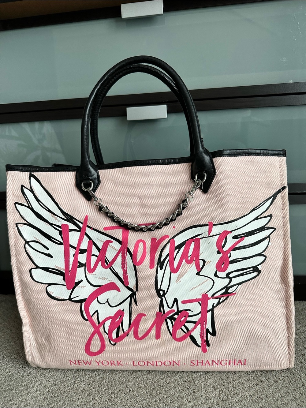 Victoria's Secret Pink Canvas Tote with Wing Graphic and Black Handles